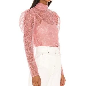 Tularosa Holly pink Sheer Lace Lined Long Sleeve Back Bow Blouse Size S